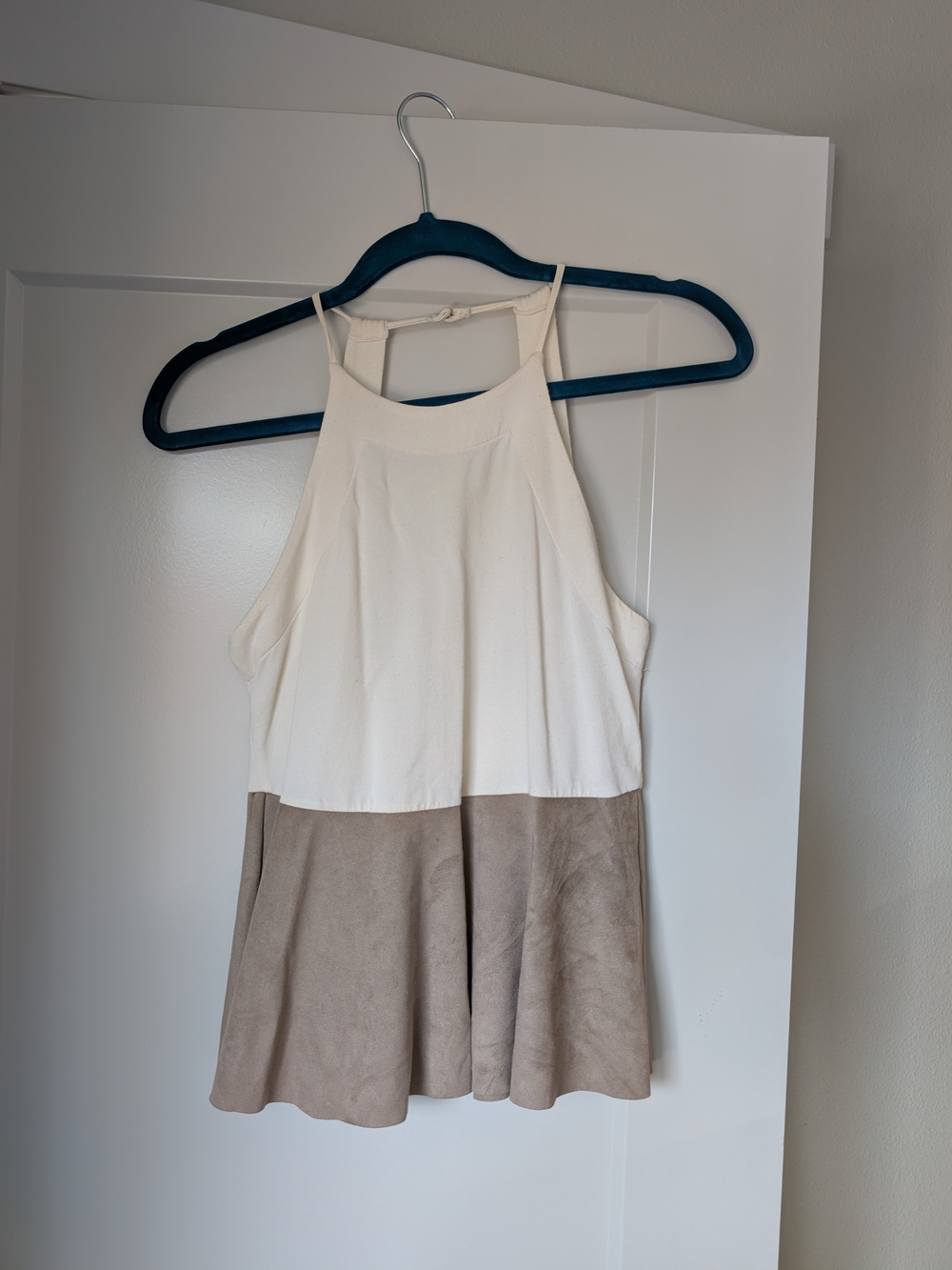 Zara Two Toned Cream & Faux Suede Taupe Halter Tank